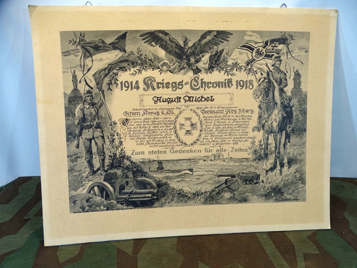 Urkunde für EK 2 und Verwundeten Abzeichen , Kriegs Chronik 1914-1918, ca. 38x49,5 cm Urkunde für EK 2 und Verwundeten Abzeichen , Kriegs Chronik 1914-1918, ca. 38x49,5 cm
