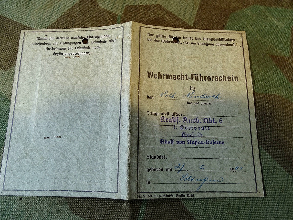 Wehrmacht Führerschein, W.Windwek aus Solingen, Variante in Papier, Kraftf. Ausb.Kp. 6, Krefeld,  A.v.Nassau Kaserne