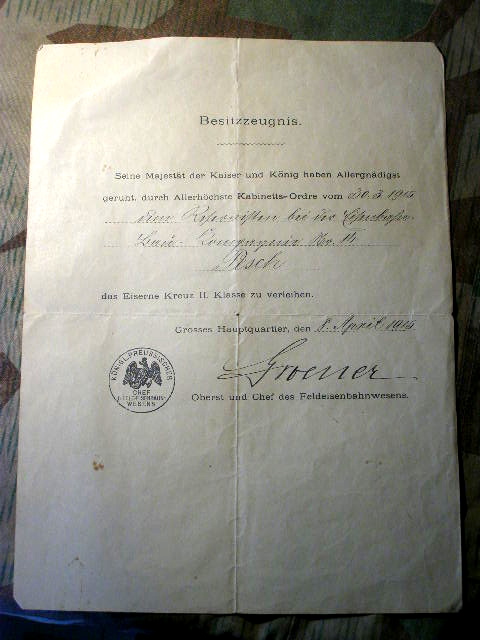 EK 2 Besitzzeugniss 1914/18, Feldeisenbahnwesen 1915