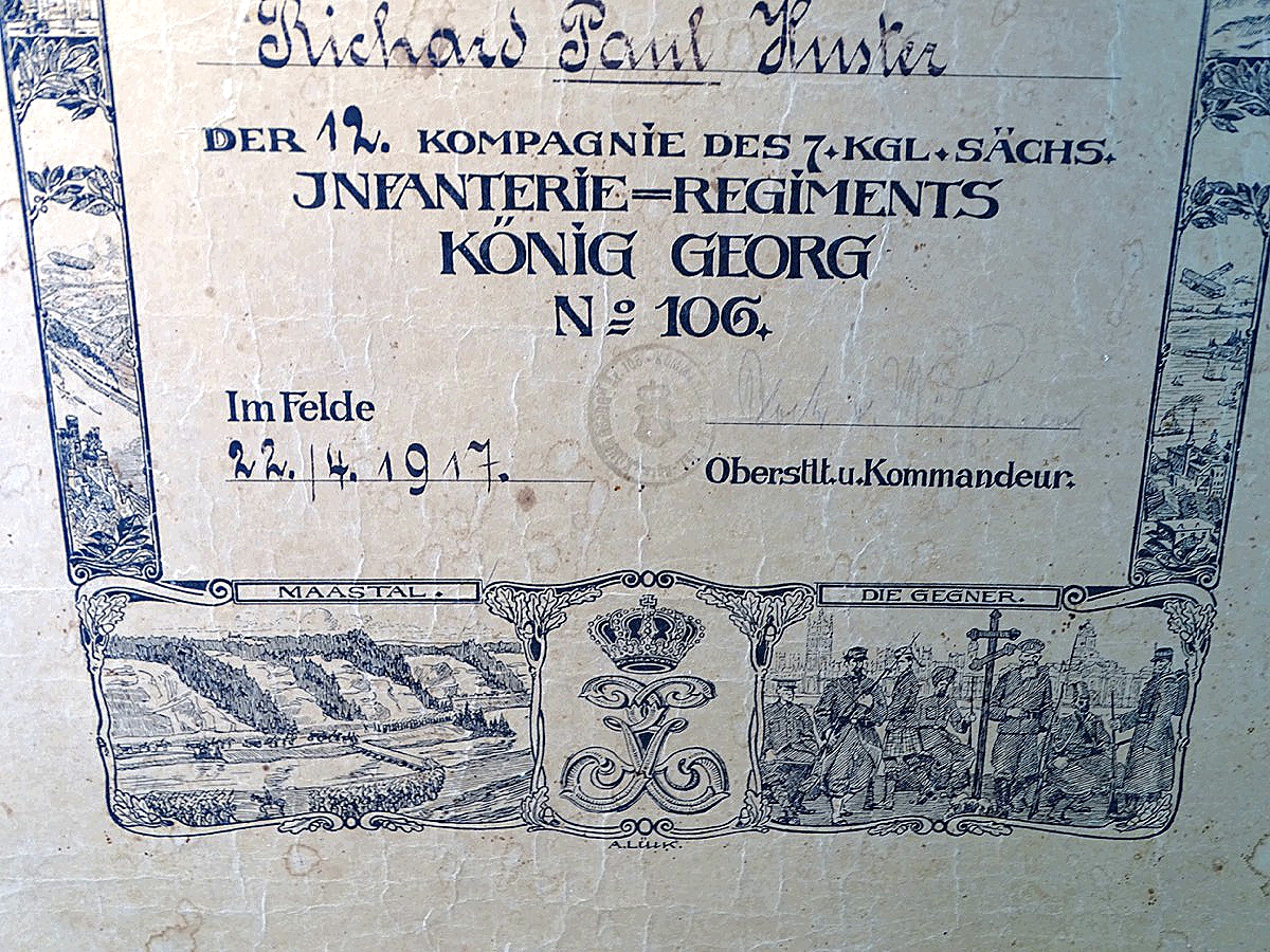 Großes Schmuck Besitz Zeugnis Eisernes Kreuz 2. Klasse 1914 , 12. Kp. 7.Kgl. sächsischen Inf Rgt. König Georg No.106 mit Regimentschronik Großes Schmuck Besitz Zeugnis Eisernes Kreuz 2. Klasse 1914 , 12. Kp. 7.Kgl. sächsischen Inf Rgt. König Georg No.106 mit Regimentschronik