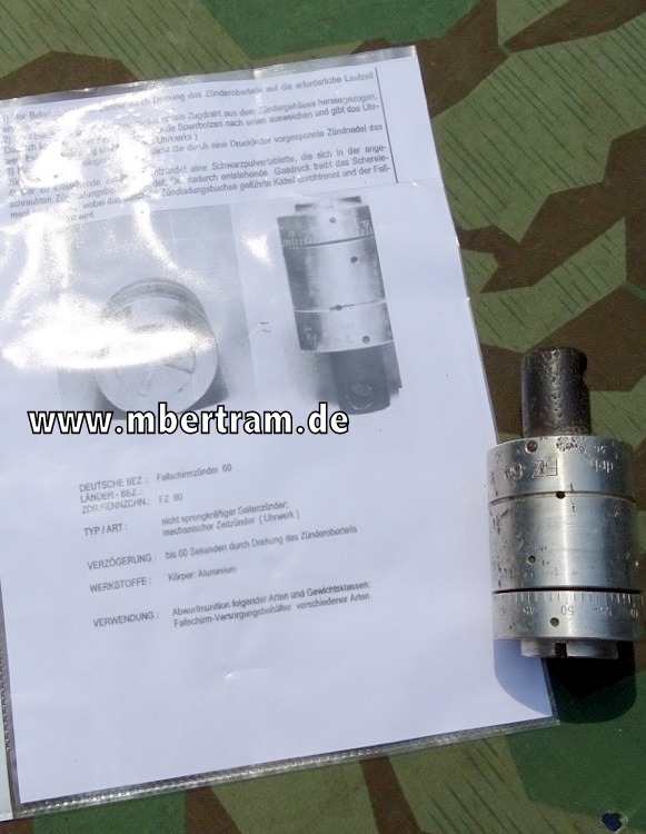 Luftwaffe Fallschirmzünder FZ 60 für Abwurfbehälter, Selten