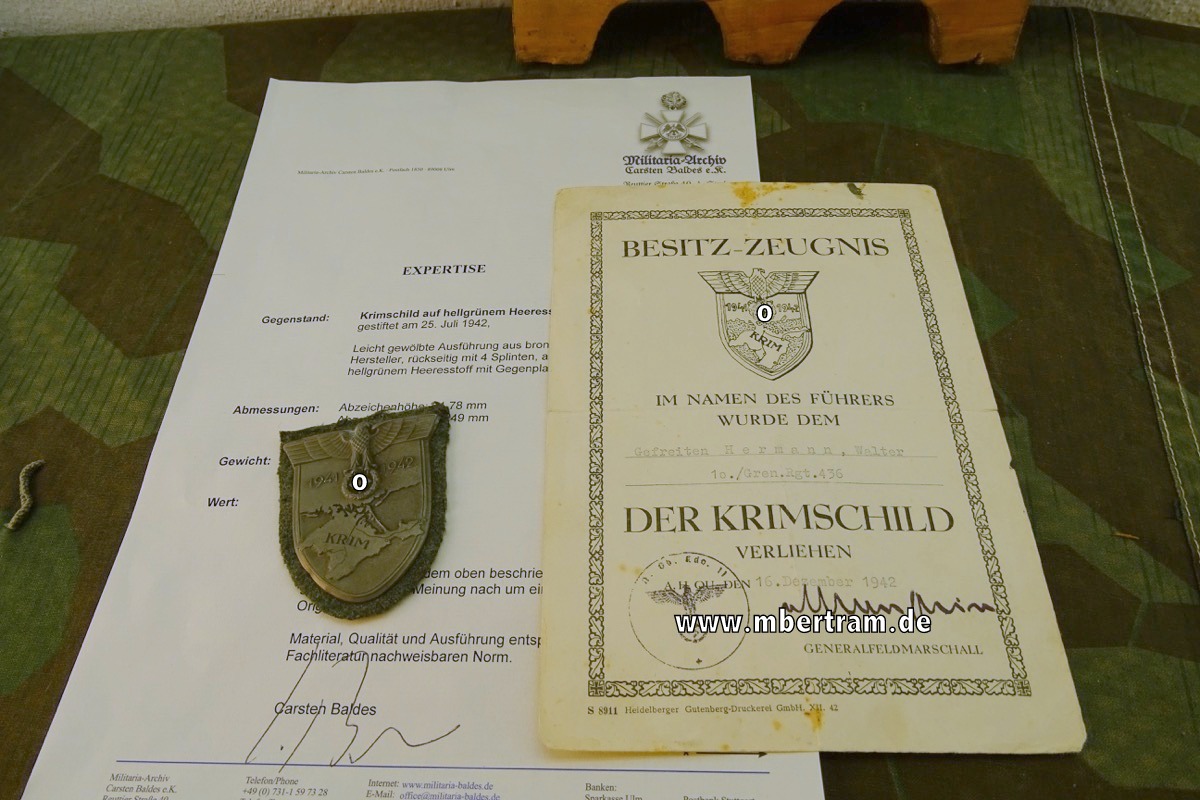 Urkunden und Orden- der Krimschild 1941 - 1942, 10. Gren Rgt. 436 mit Expertise