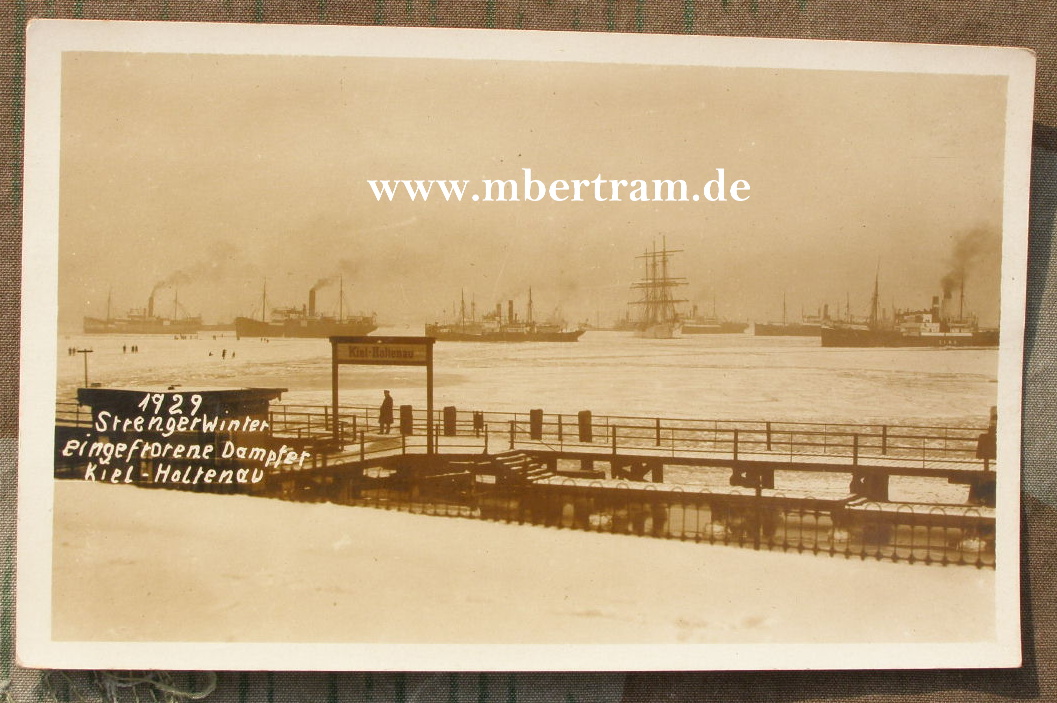 Postkarte- Winter 1929- Eingefrorene Dampfer Kiel Holtenau