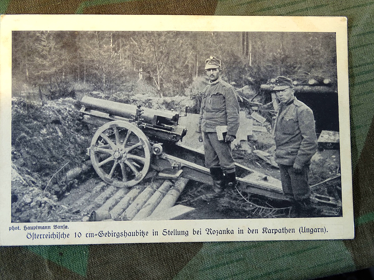 Fotospostkarte: Österreichische 10 cm Gebirgshaubitze bei Rozanka in den Karpathen ( Ungarn )  1. WK