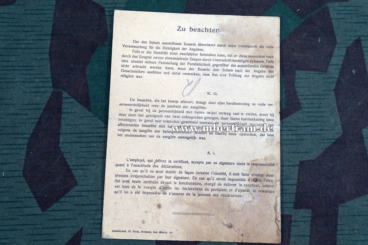 Deutscher Personal- Ausweis Julet Cambaux, Belgierin, 22.09.1915, Bruxelles.