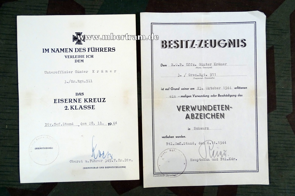 Sehr späte Urkunde EK 2 u. Verw.. Abz,. Nov. 44. 3.Gren. Rgt. 911. , RK Tr. Signatur