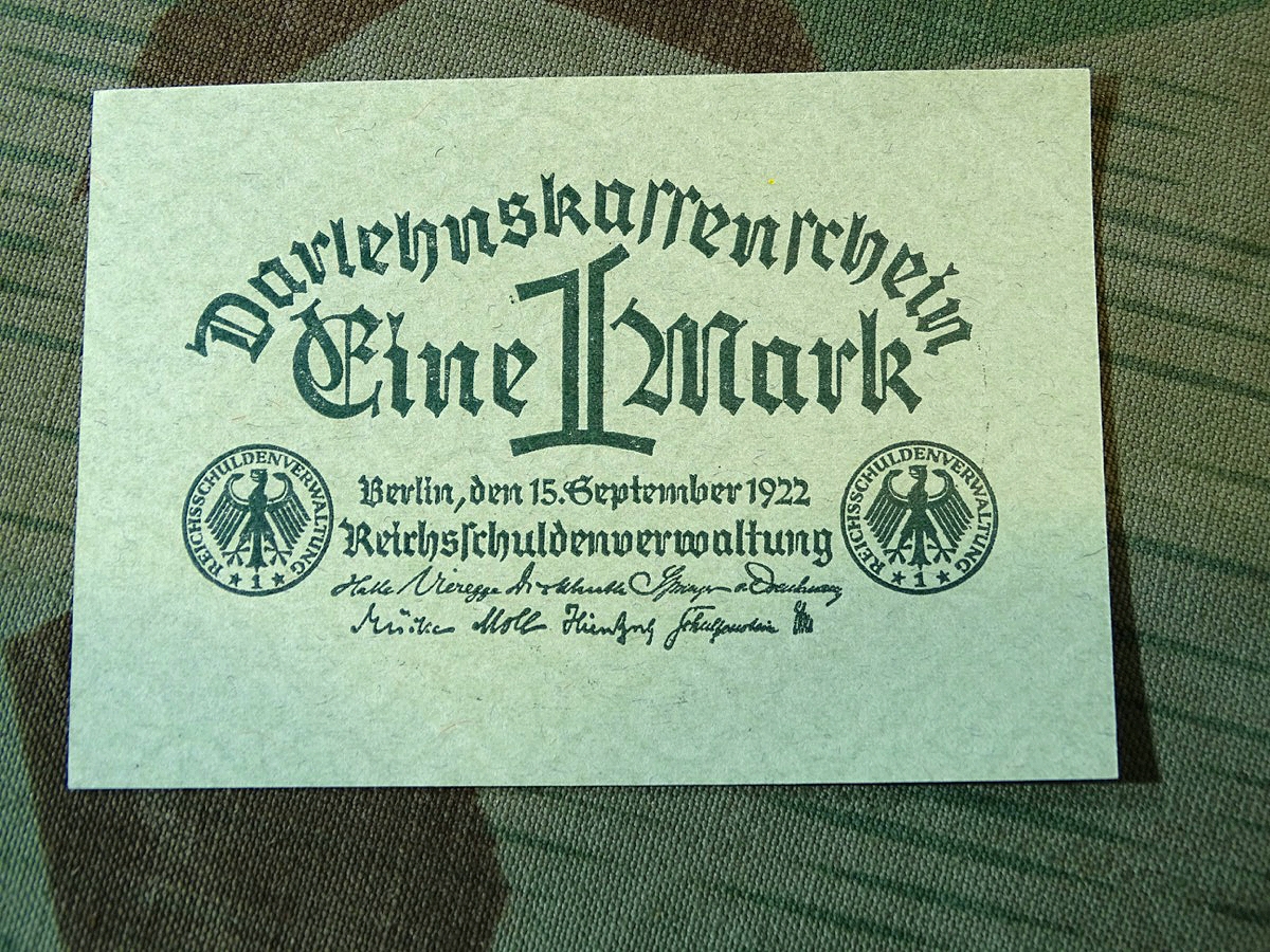Dahrlehnskassenschein über 1 Reichsmark, 1922, goldene 20 `er Jahre und Inflationszeit... 