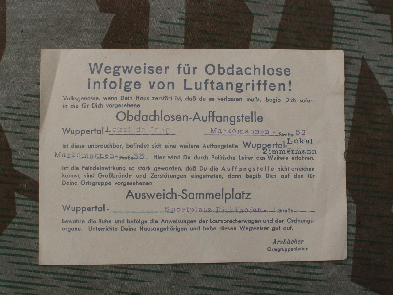 Aushang, Wegweiser für Obdachlose infolge Luftangriffen