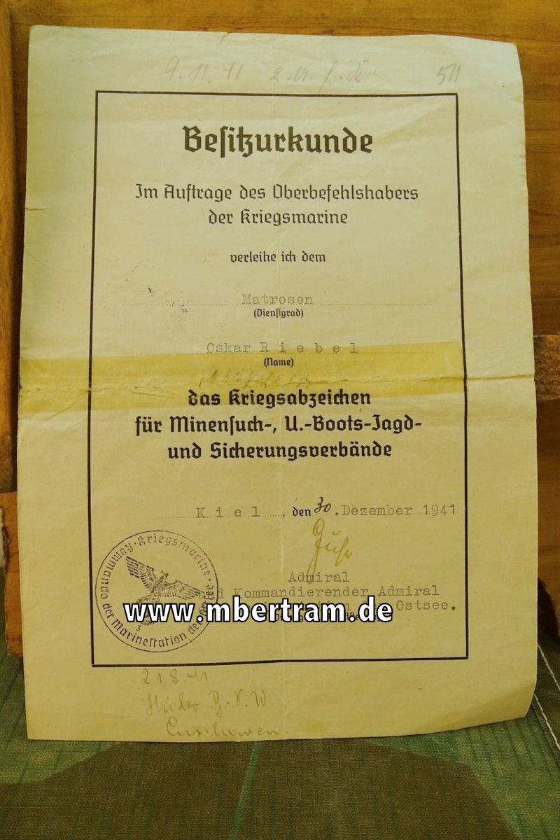 Besitzurkunde Kriegsabzeichen für Minensuch-, U.-Boots-Jagd- und Sicherungsverbände