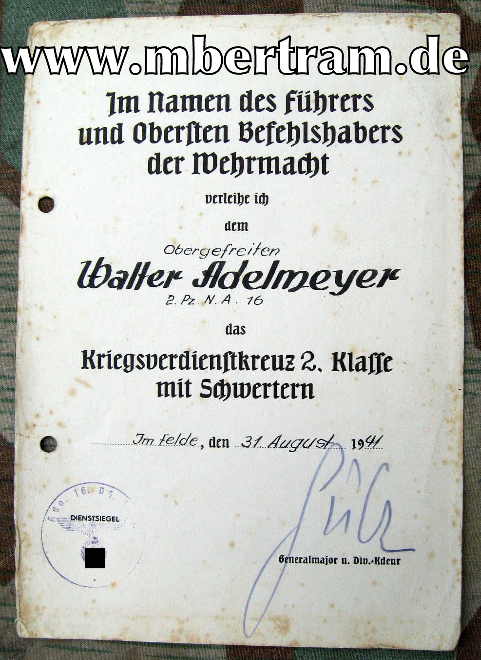 13020-2 KvK Urkunde, 2.Pz.N.A.16, Signatur Briliantenträger Hube