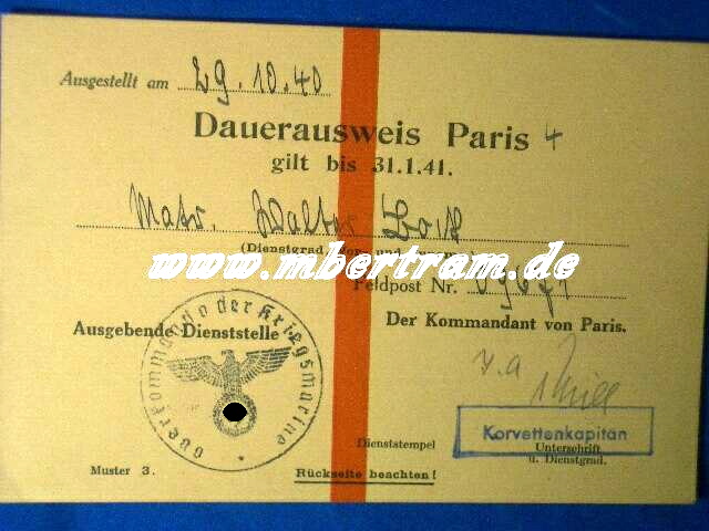 Dauerausweis Paris 10.40-.01.1941., Kriegsmarine