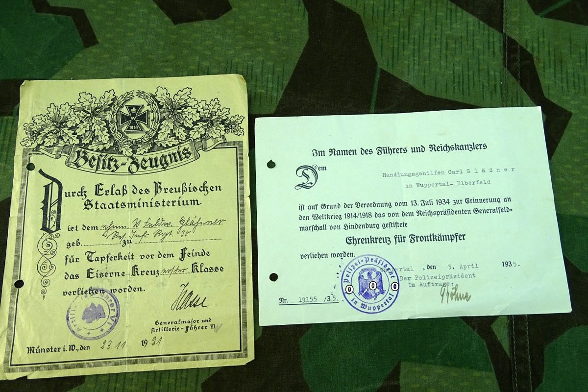 Urkunde Eisernes Kreuz 2. Klase 1914 und Ehrenkreuz für Frontkämpfer