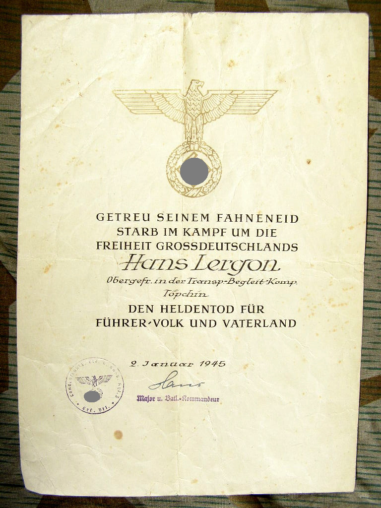 Heldentod Urkunde O.gefr. Transport Begleit Komp. Töpchin