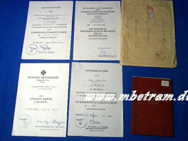Urkunden: 7.Inf.Rgt.552,Ostmed., EK 2, Verw.Abz.schw. u.silb.