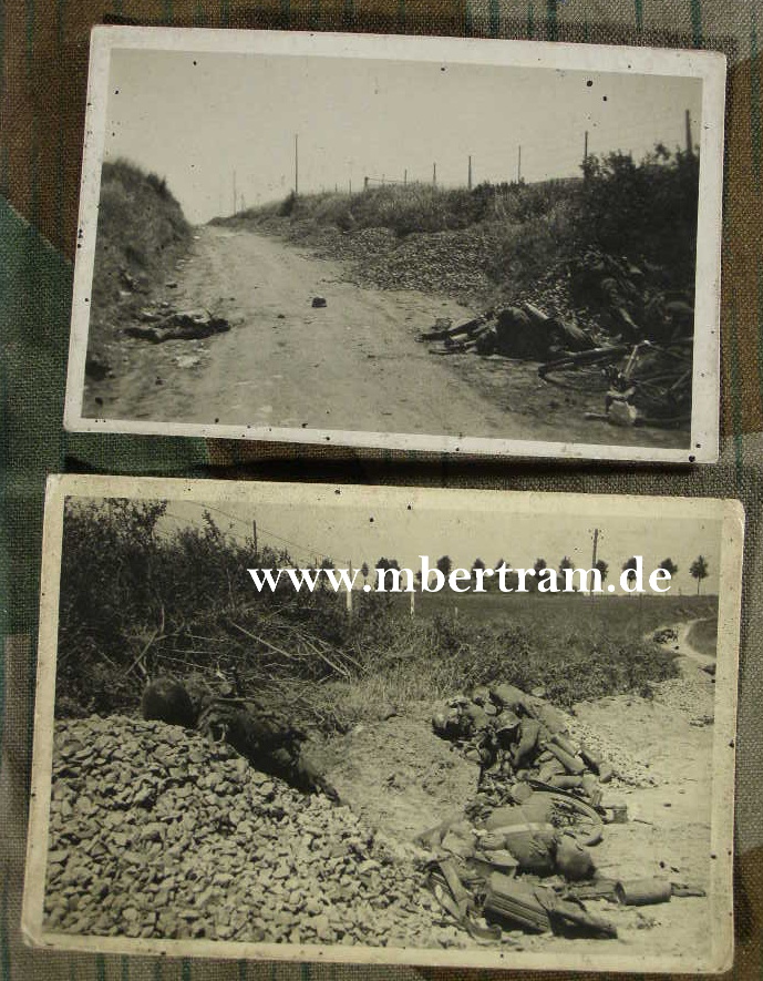 2 Fotos einer zerstörten deutschen Vormarschkolonne 1940