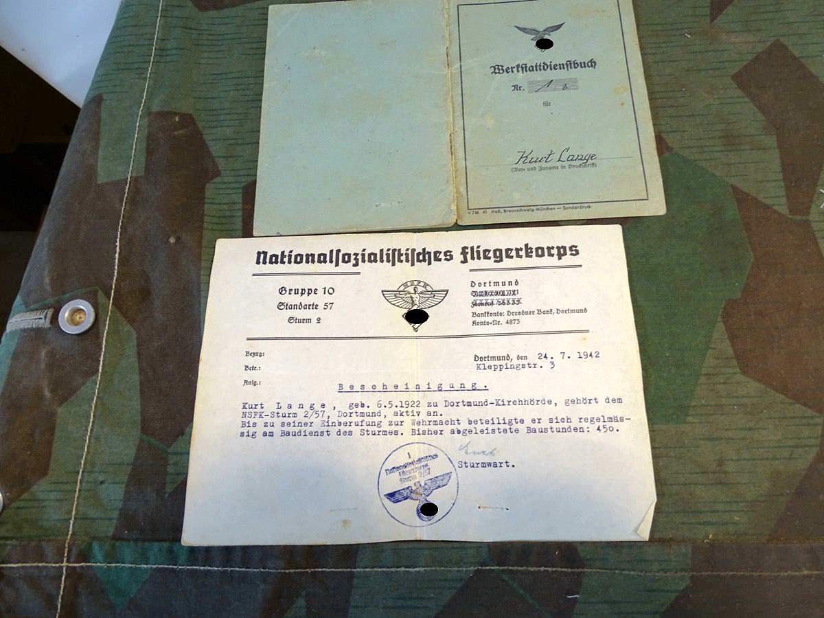 Werkstattdienstbuch Segelfluggruppe Goslar und NS Fliegerkorps Sturm 2 / 57 Dortmund ( Bescheinigung)