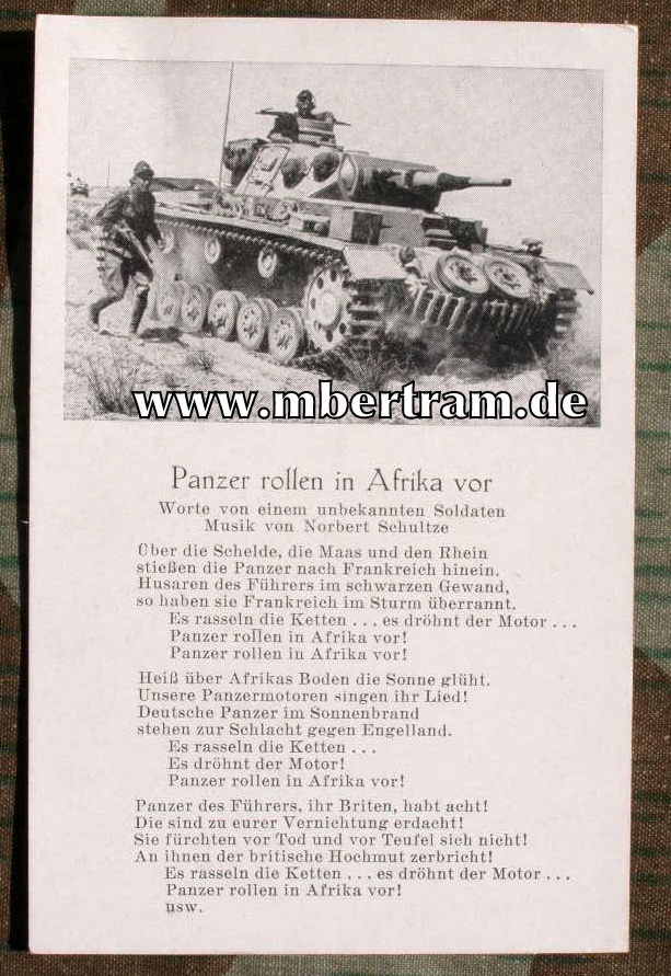 Propaganda Lieder Postkarte: " Panzer rollen in Afrika vor "