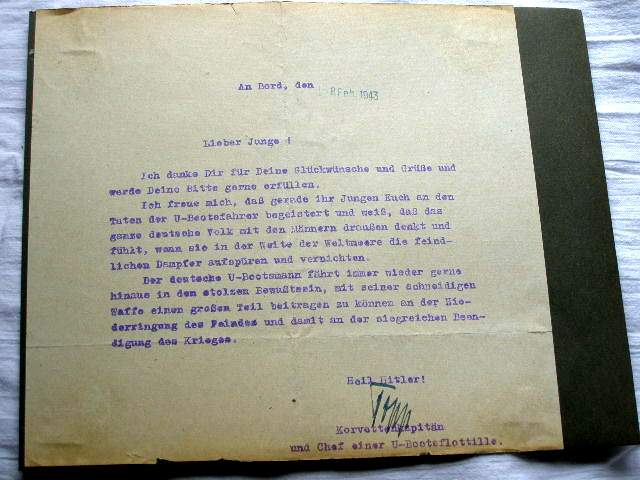 Signatur Kpt Lt. Topp ,KM Ritterkreuzträger 08.02.1943.