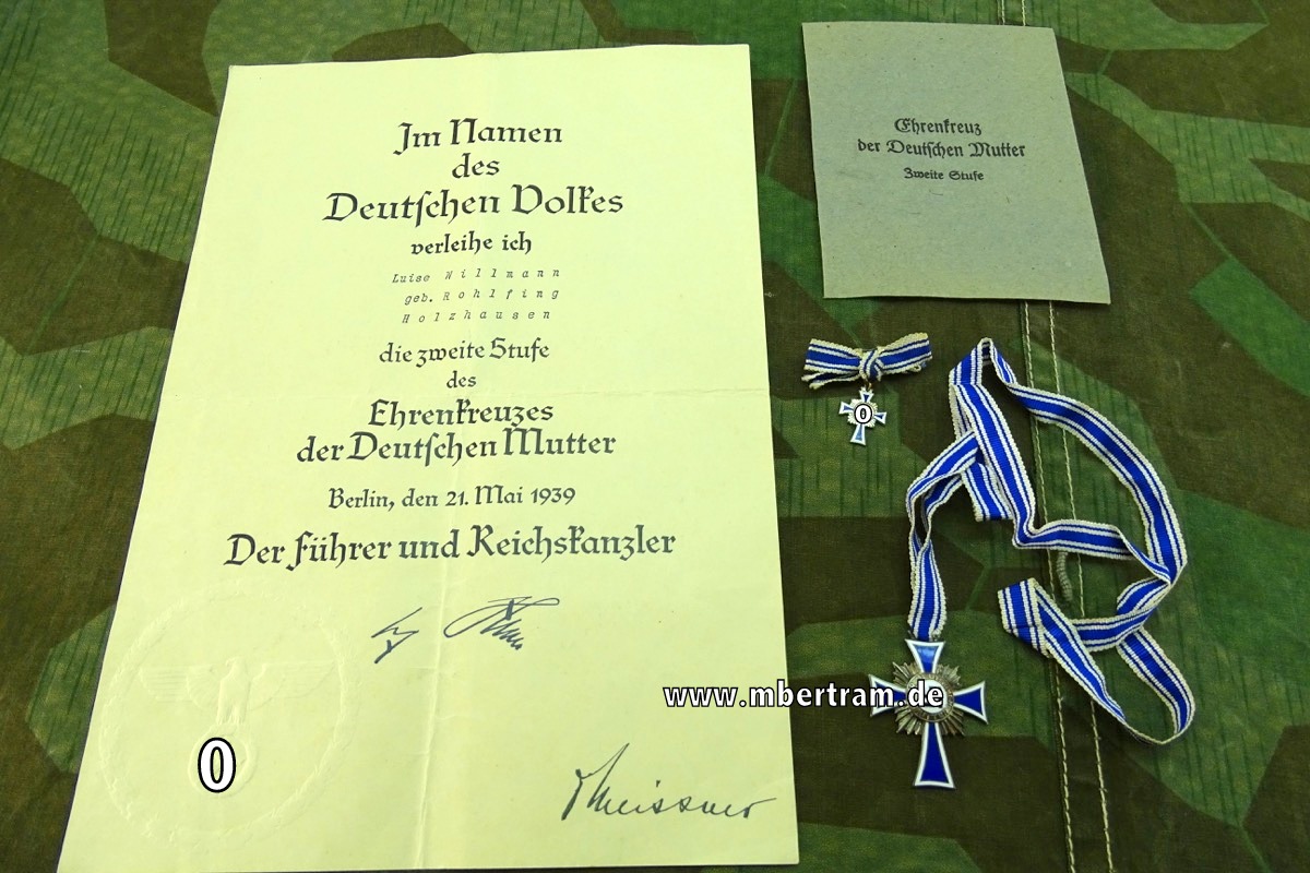 Ehrenkreuz der Deutschen Mutter in Silber mit Urkunde und Miniatur