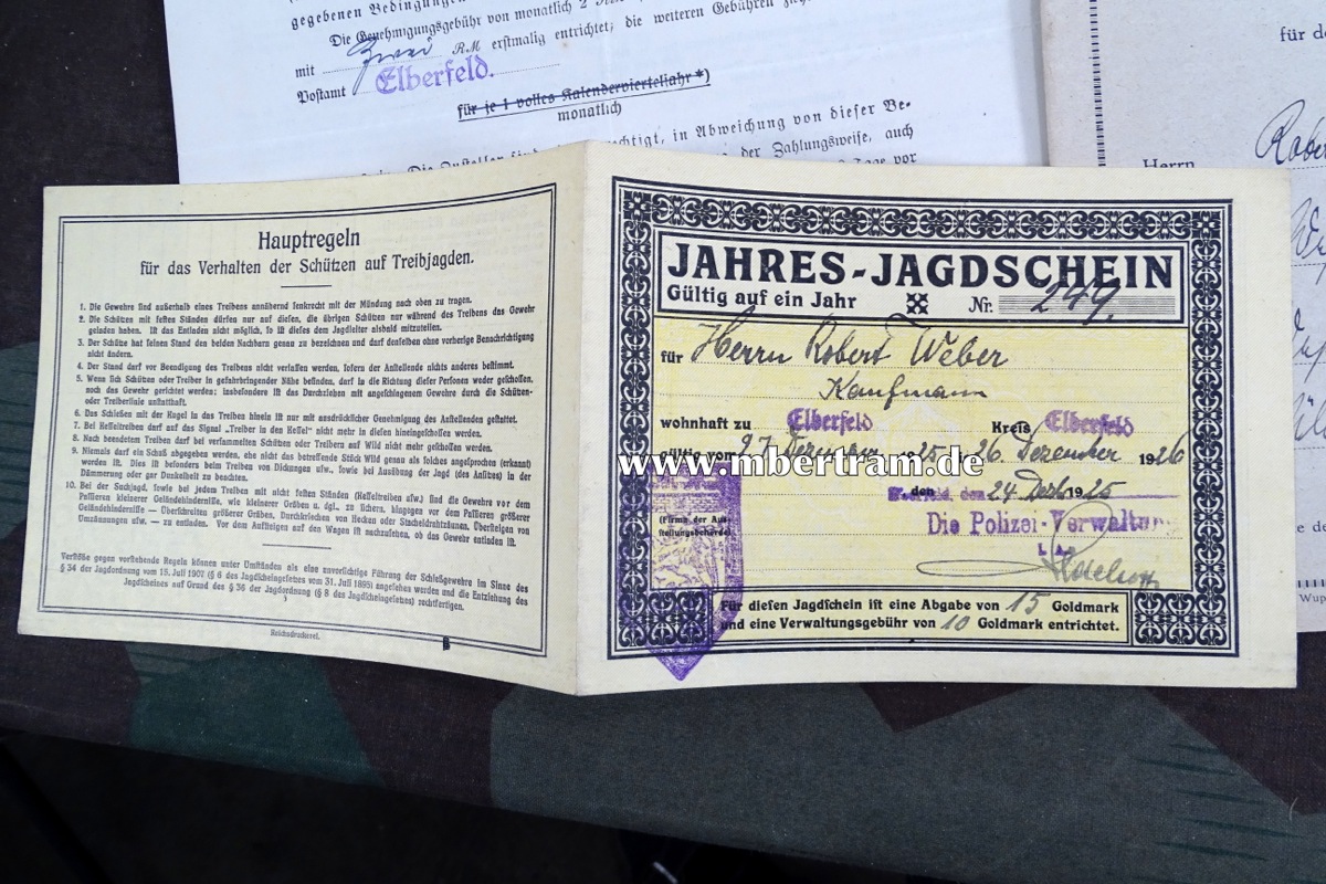 14726-5 Jagdschein 1918 Lt. Landwehr II, Landsturm Inf. Btl. Barmen, Waffenpass Hessen