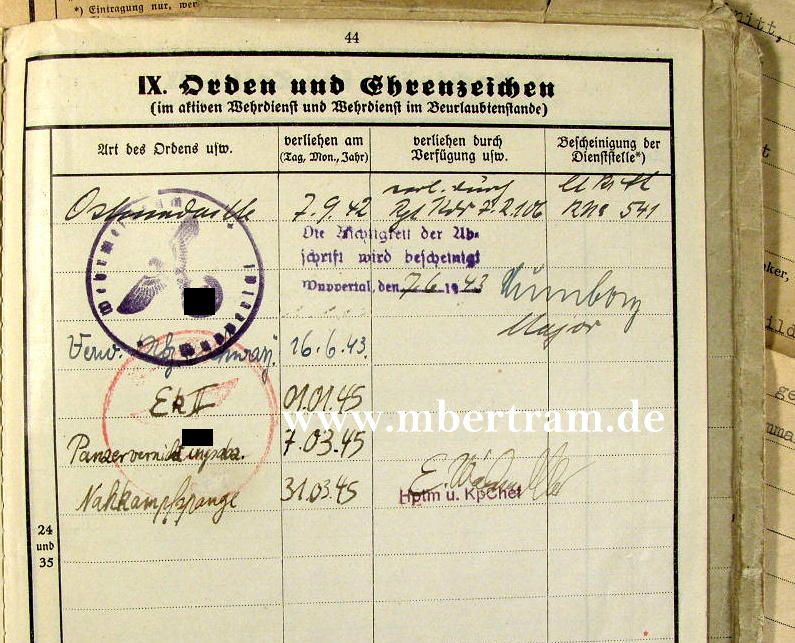 624-4 Wehrstammbuch Nahkpf Ausbildung, Pz.Vern.abz.,EK2, NkSp.