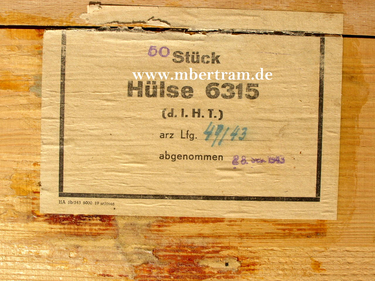 Packkiste 10, 2 Packzettel, 50 St. Hülse 6315 ( d.i.H.T.)