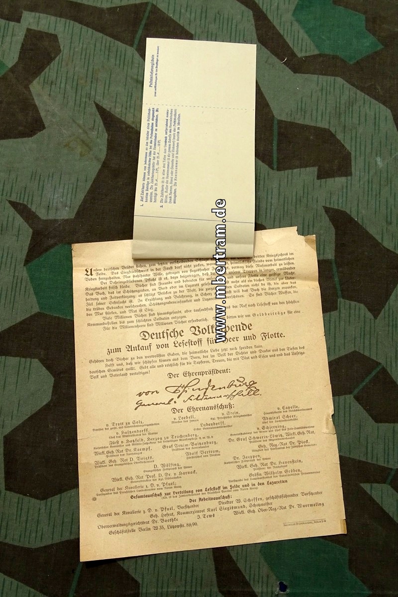 Plakat mit Spendenaufruf zur Deutschen Volksspende für Front- Bücher, 1.WK