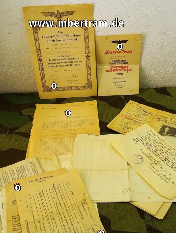 Gedenkblatt für Matrosenobergefr.  Johann F. 1943 u Urkunde Berufswettkampf