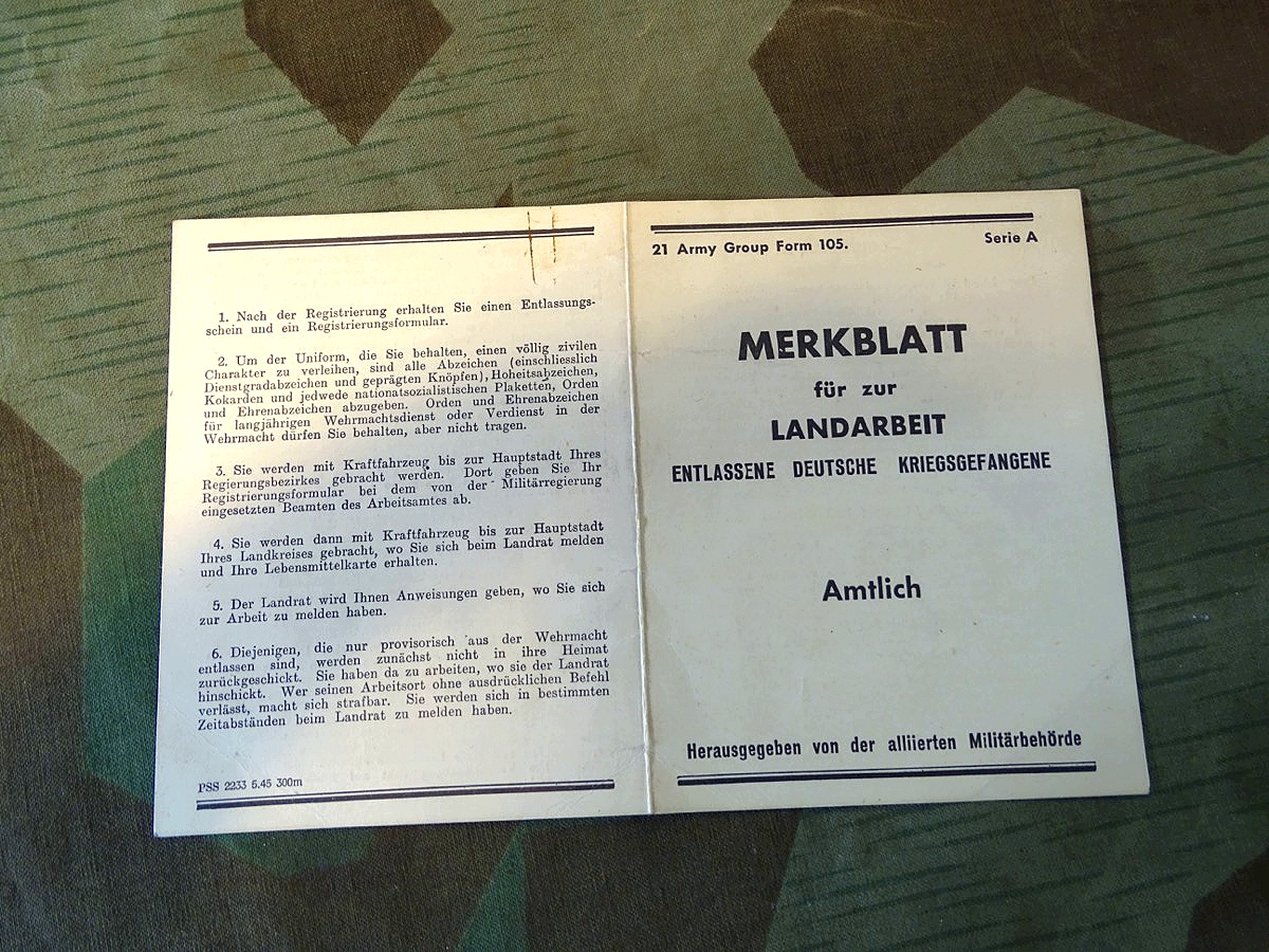 Merkblatt für zur Landarbeit entlassene deutsche Kriegsgefangene der alliierten Militärbehörde