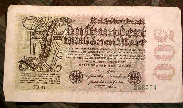Reichsbanknote 500 Millionen Mark, Originalschein 20er Jahre