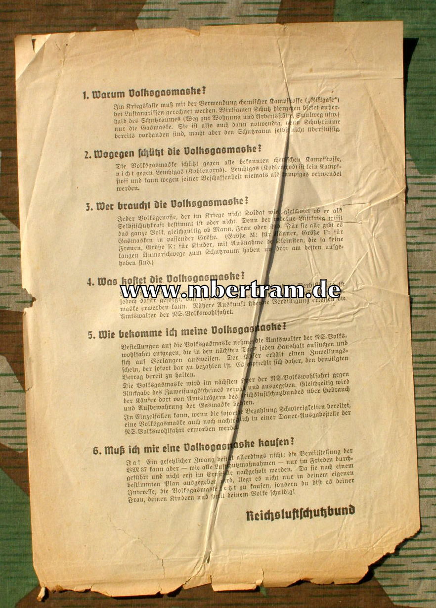 Werbezettel für Volksgasmaske VM 37 des RLB, DinA4
