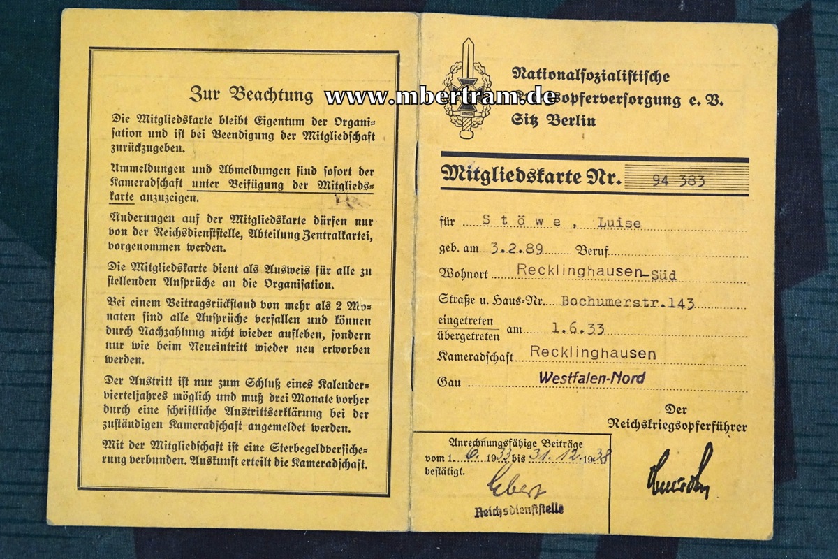 Mitgliedskarte NSKOV, Luise St. , Recklinghausen, 1.6.1933