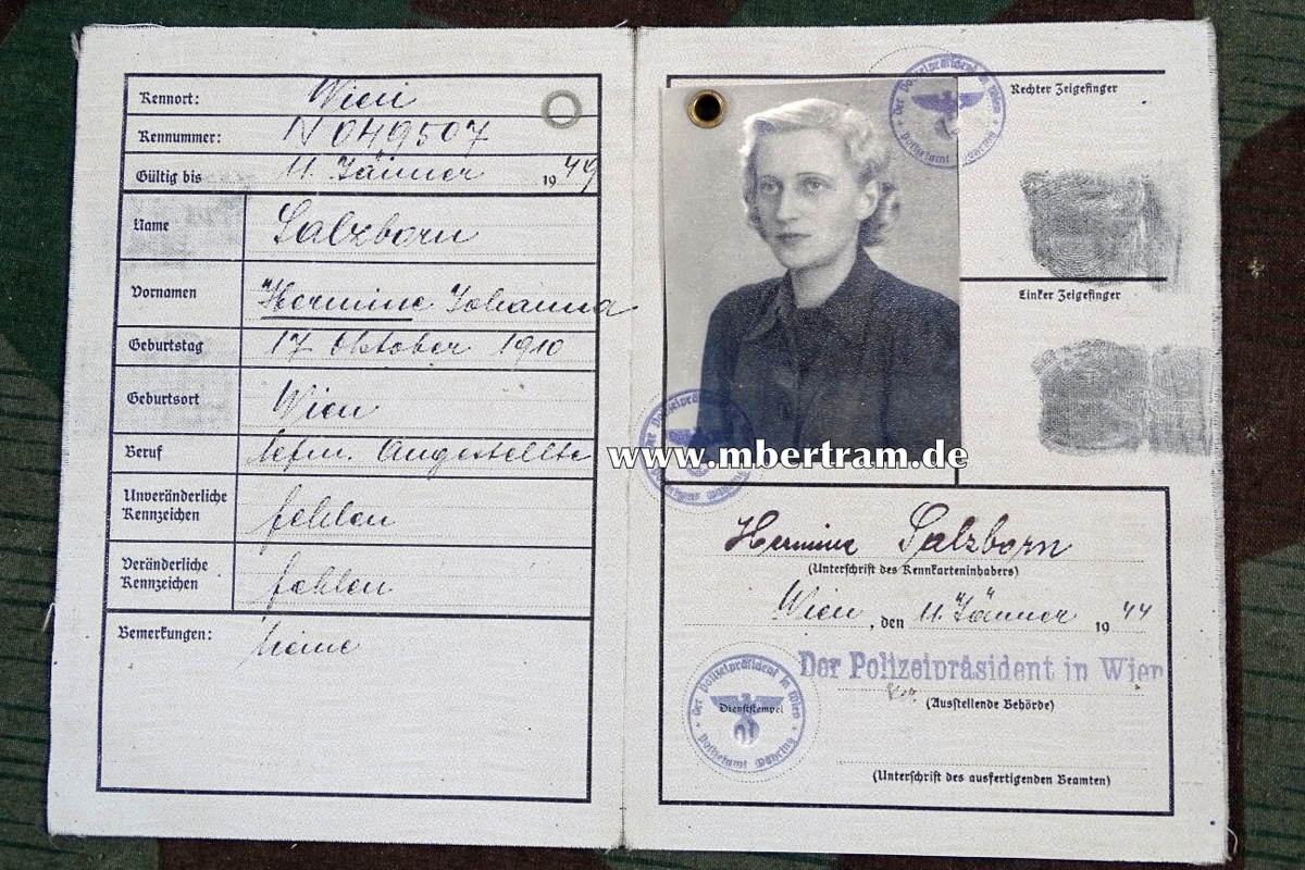 Deutsches Reich Kennkarte Hermine Salzborn aus Wien, 1944