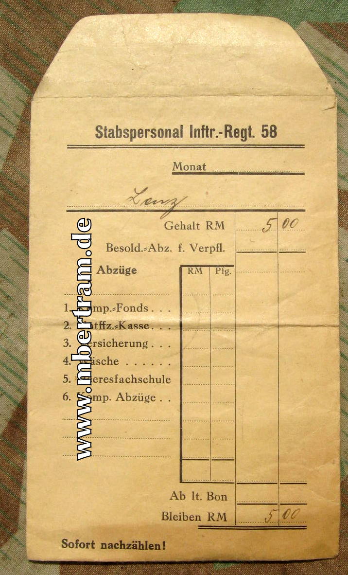 Wehrmacht: Lohntüte f.d. Stabspersonal Inf. Rgt. 58, Selten