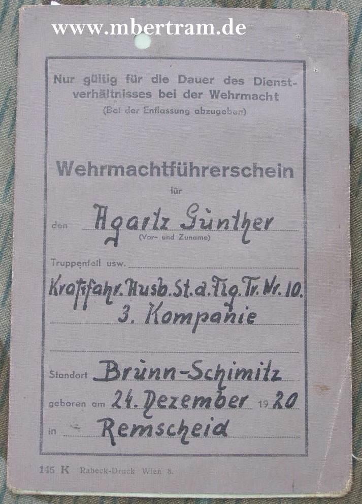 LW Führerschein, Erweitert v.NSKK auf Holzgas Kfz !!!