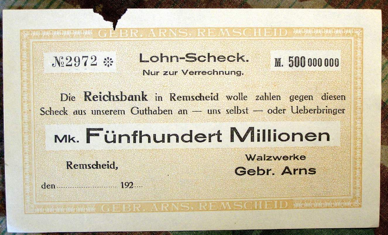 Lohn -Scheck zur Verrechnung ,Walzwerk Arns Remscheid