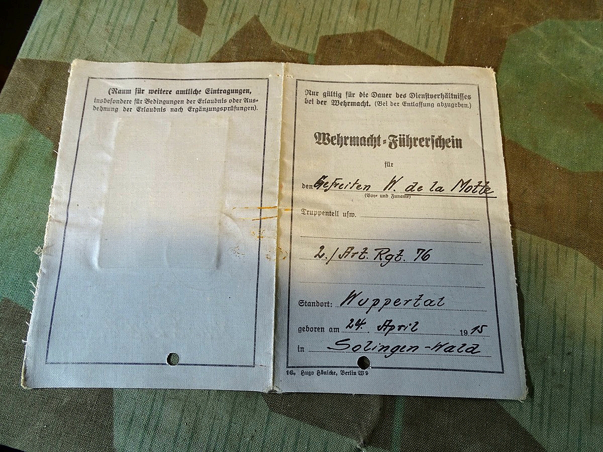 Wehrmacht Führerschein 1938, Gefr. W.de La Motte,  aus Solingen,  2./ Art. Rgt. 76 -Wuppertal , Bild