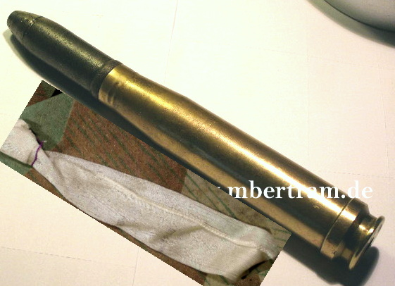 Deko-Patrone 2cm Flak 38, Messinghülse, Geschoss, Zünder, Ladungssack