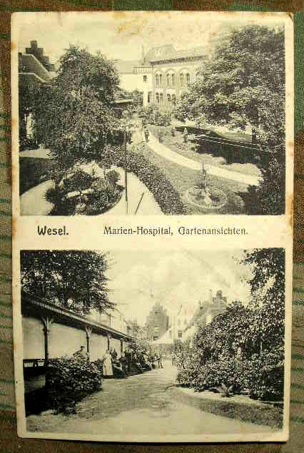 Feldpostkarte Wesel, Marien Hospital Gartenansicht, 1916