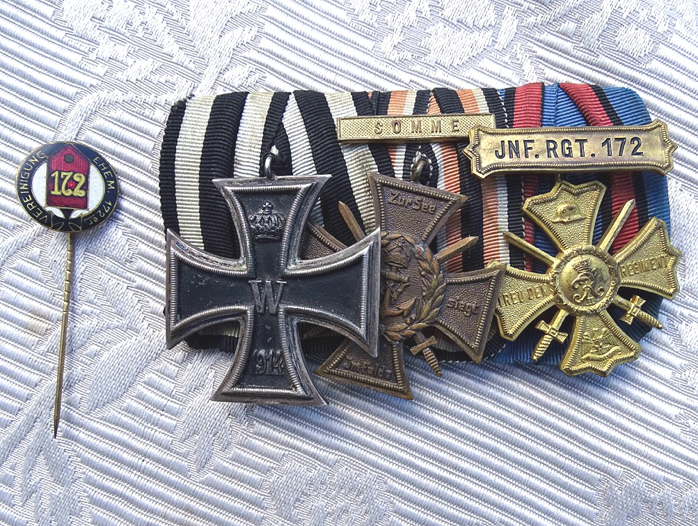 3er Ordensspange: EK 2 1914, Flandernkreuz, Gefechtsspange Somme, Regimentskreuz, Buntmetall
