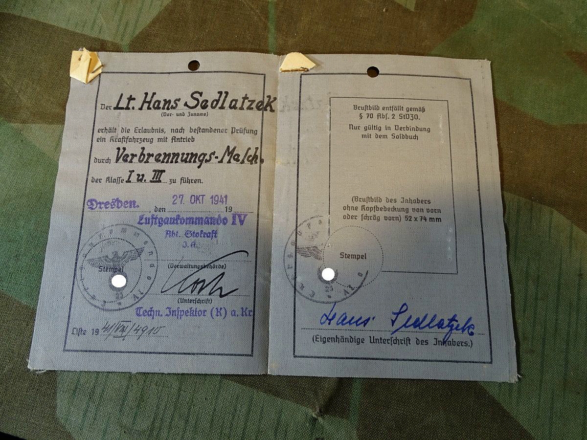 Luftwaffen Führerschein 1941, Lt..Sedlazek  aus Hindenburg O.S. , Sonderstaffel (GS) 2- Merseburg ( ME 321 Gigant Staffel )