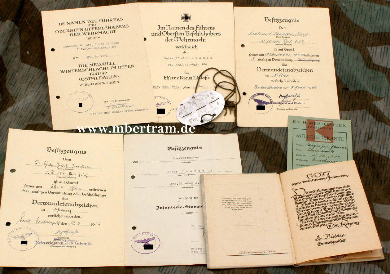 Urkunden: Lt. Inf.Pi. Kp. 69.:ISA,EK 2,..RK Signatur Weidling.