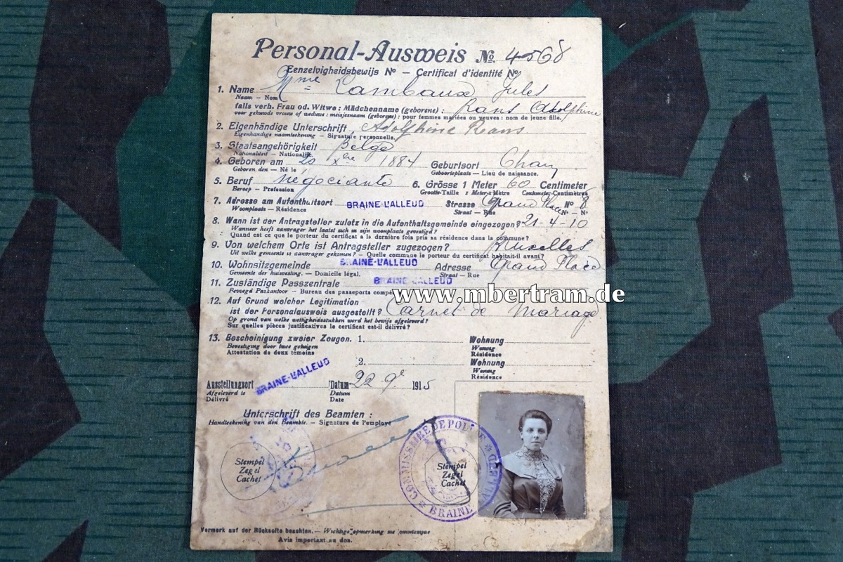 Deutscher Personal- Ausweis Julet Cambaux, Belgierin, 22.09.1915, Bruxelles.