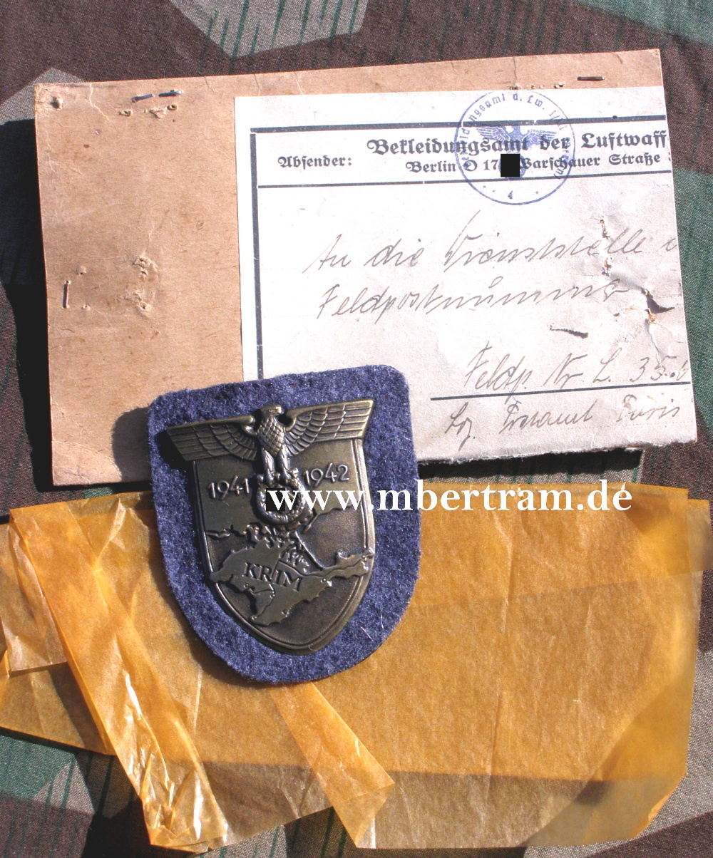Krimschild Luftwaffe, original Umschlag und Packpapier LBA