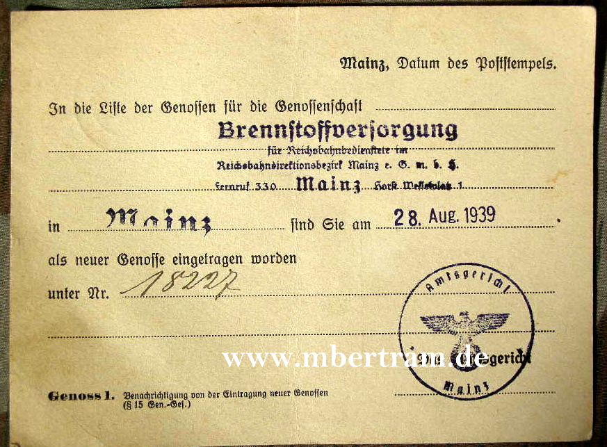 Mitgliedskarte Genossensch. Brennstoffversorg. Mainz 1939