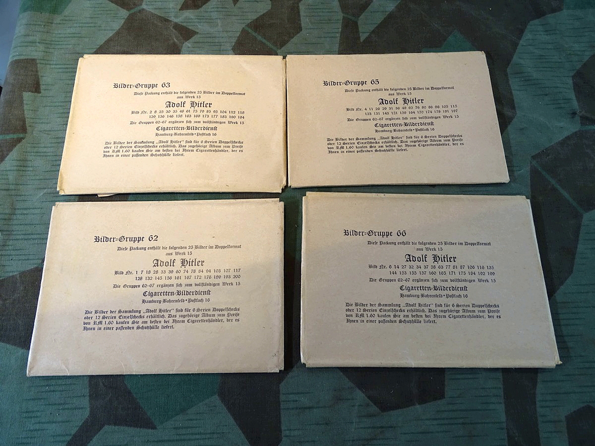 4 leere Original Bilder Tüten für das Sammelbilderalbum Adolf Hitler , Großbilder Nr. 62,63,65,66