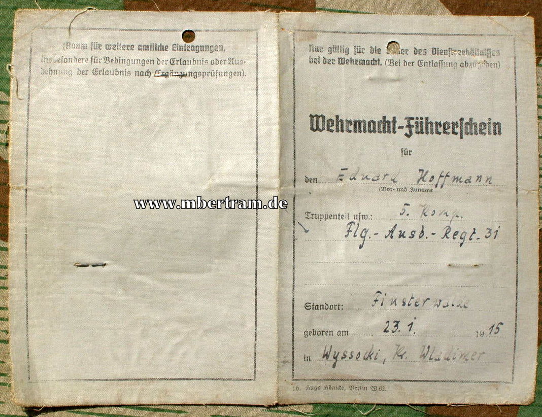 Führerschein Luftwaffe, Flieger Ausb. Rgt. 31, Finsterwalde