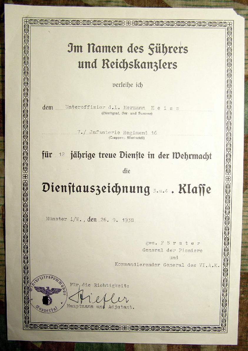 Urkunde WH DA 3./ 4. Kl., 7. Inf.Rgt. 16, Münster 1938.