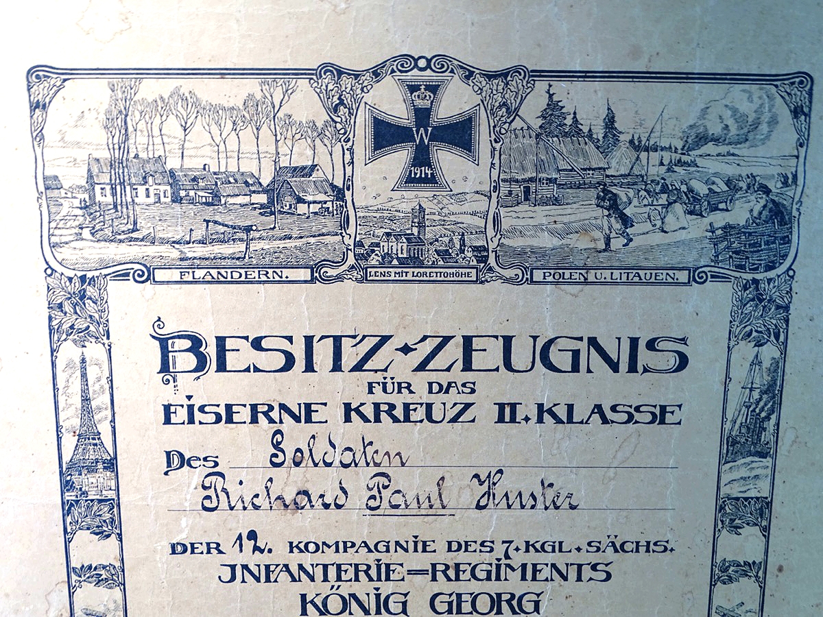 Großes Schmuck Besitz Zeugnis Eisernes Kreuz 2. Klasse 1914 , 12. Kp. 7.Kgl. sächsischen Inf Rgt. König Georg No.106 mit Regimentschronik Großes Schmuck Besitz Zeugnis Eisernes Kreuz 2. Klasse 1914 , 12. Kp. 7.Kgl. sächsischen Inf Rgt. König Georg No.106 mit Regimentschronik