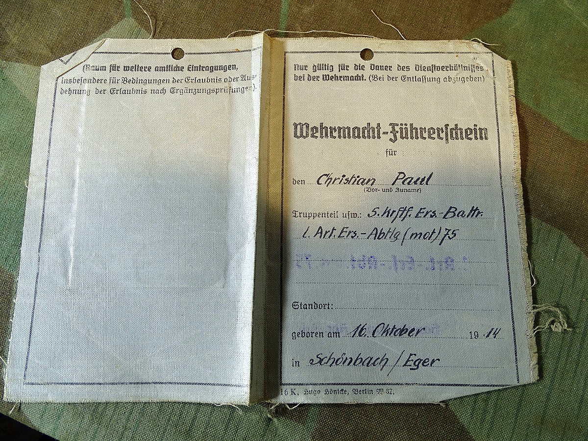Wehrmacht Führerschein, Ch. Paul aus Schönbach /Eger, 5.Kraftf. Ers. Batt. Art. Ers. Abt ( mot ) 75, Bild